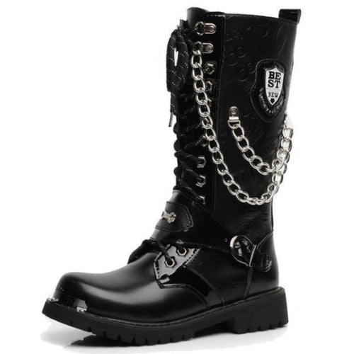 Mens Punk Motorcycle Boots Black Mid Calf Lace Up Biker Boots