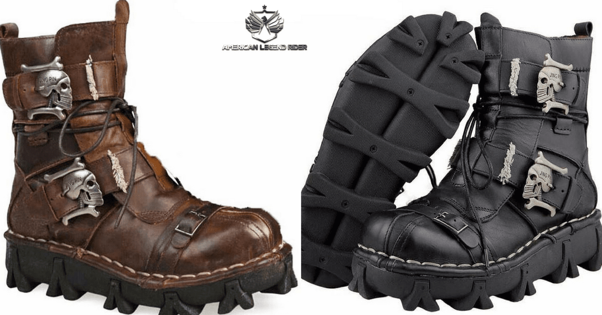 A pair of Handmade Leather Skull Boots with metal buckles and straps.