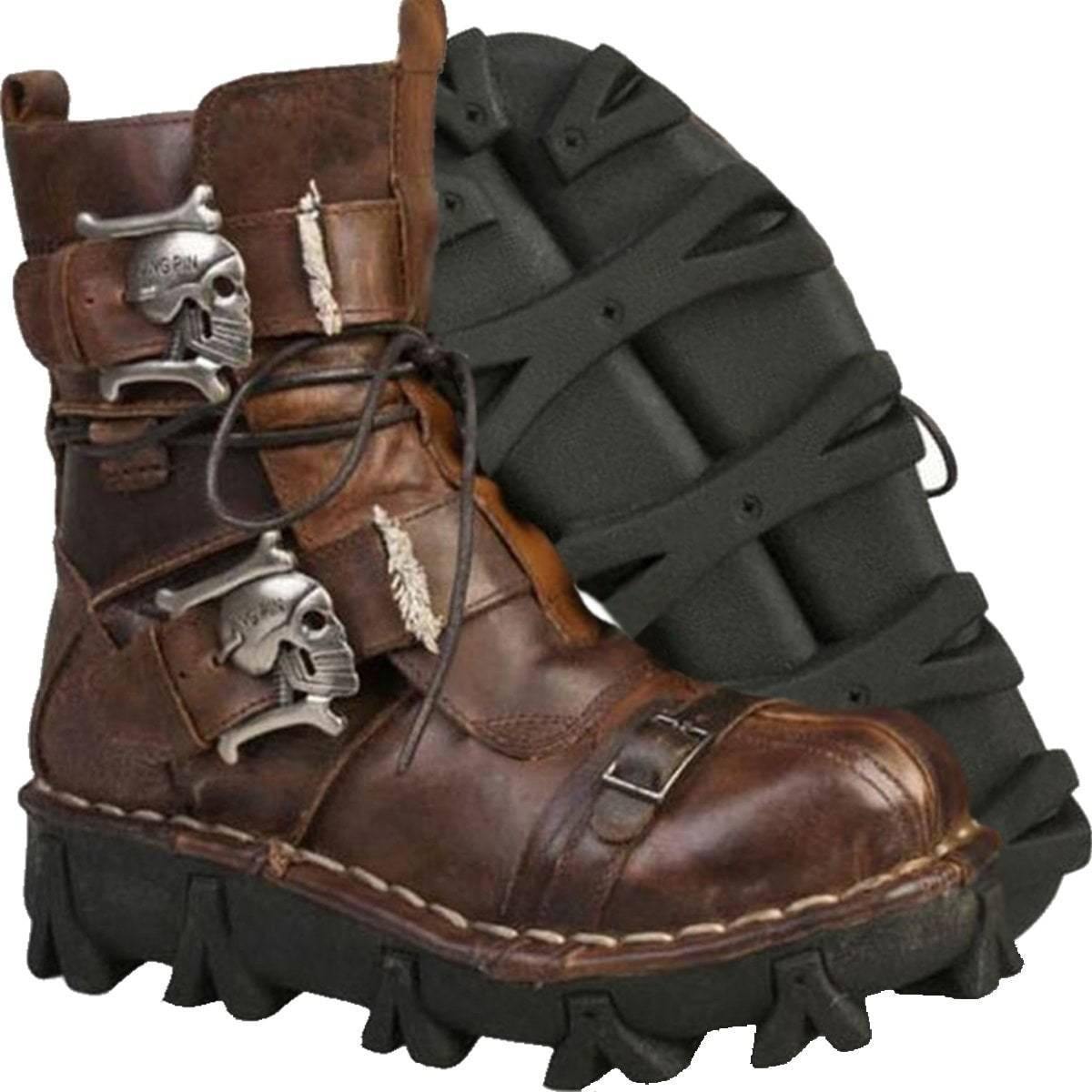 A pair of Handmade Leather Skull Boots with buckles.