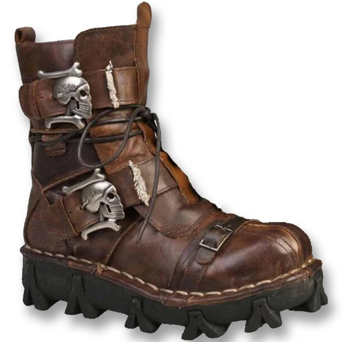 A pair of Handmade Leather Skull Boots with metal buckles.