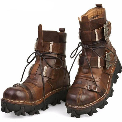 Men's Handmade Leather Skull Boots with buckles and straps.