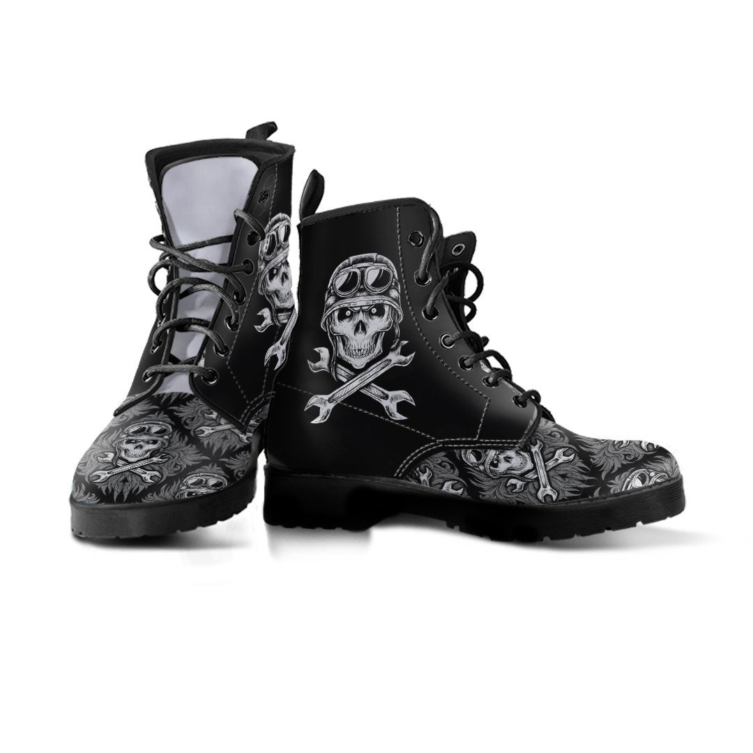 Skull Motif Gothic Biker Boots, Vegan-Friendly Leather, Black