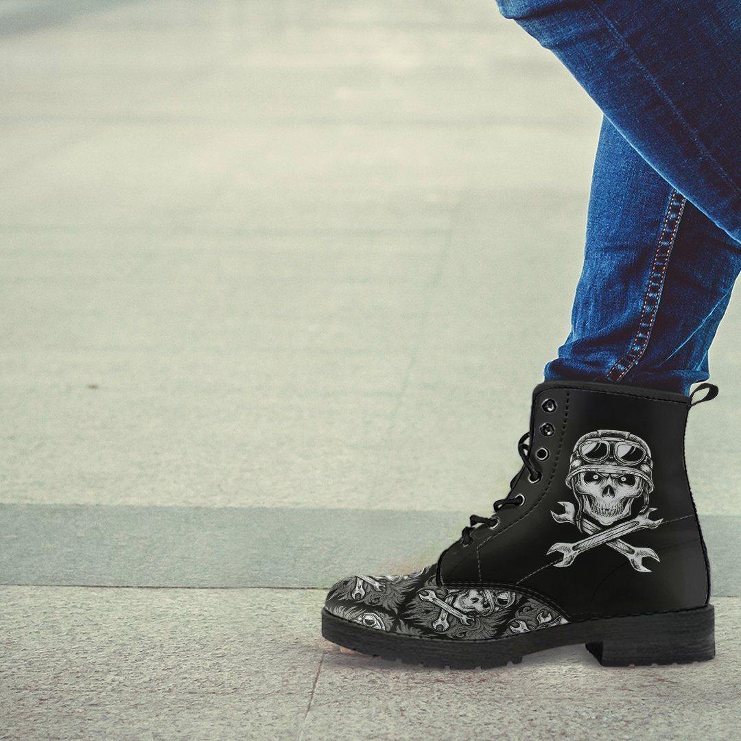Skull Motif Gothic Biker Boots, Vegan-Friendly Leather, Black - American Legend Rider