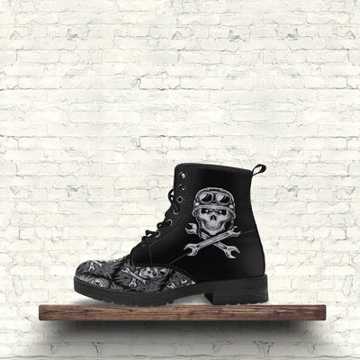 Skull Motif Gothic Biker Boots, Vegan-Friendly Leather, Black - American Legend Rider