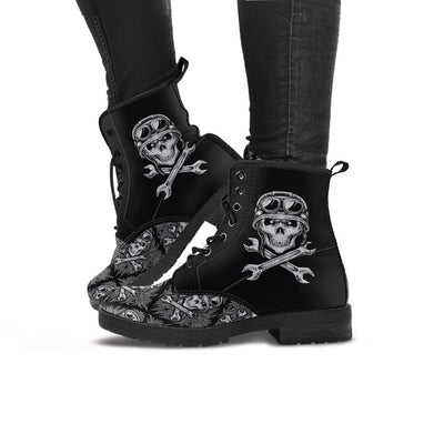 Skull Motif Gothic Biker Boots, Vegan-Friendly Leather, Black