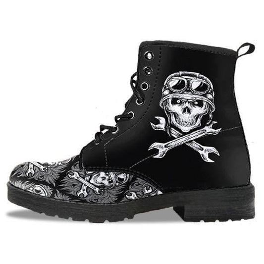 Skull Motif Gothic Biker Boots, Vegan-Friendly Leather, Black - American Legend Rider