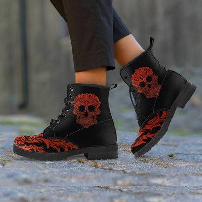 Women's Bloody Skull Boots, Vegan-Friendly Leather, Black/Red - American Legend Rider