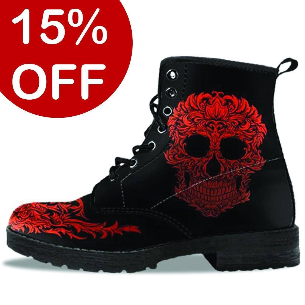 Women's Bloody Skull Boots, Vegan-Friendly Leather, Black/Red - American Legend Rider