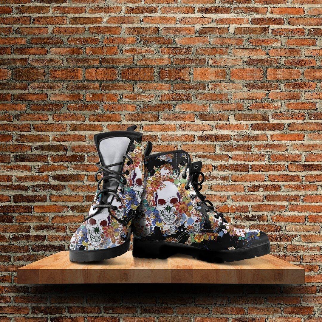 Women's Flowery Skull Boots, Vegan-Friendly Leather, Black/White/Orange - American Legend Rider