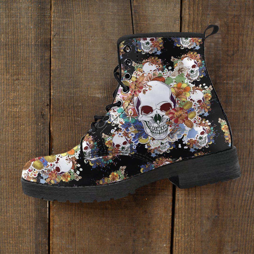 Women's Flowery Skull Boots, Vegan-Friendly Leather, Black/White/Orange ...