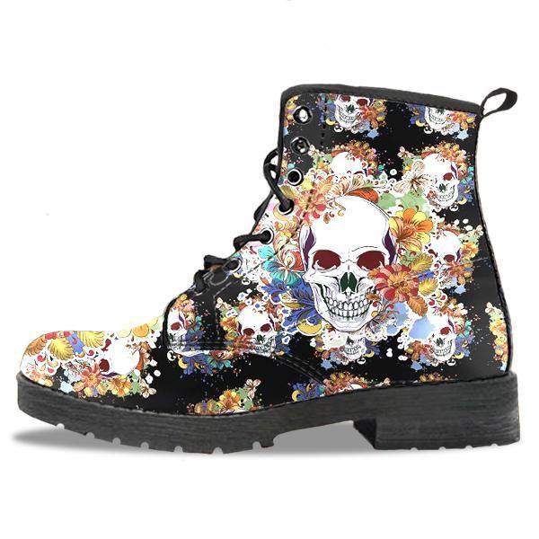 Women's Flowery Skull Boots, Vegan-Friendly Leather, Black/White/Orange - American Legend Rider