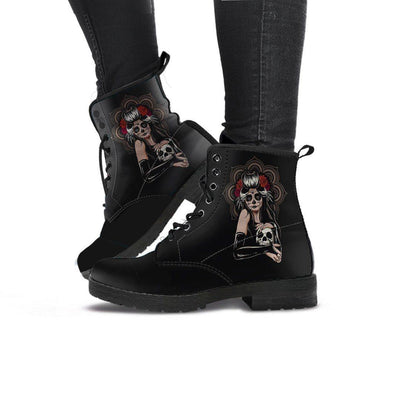 Women's Sugar Skull Girl Round Toe Boots, Calavera Girl Boots, Vegan-Friendly Leather, Black - American Legend Rider
