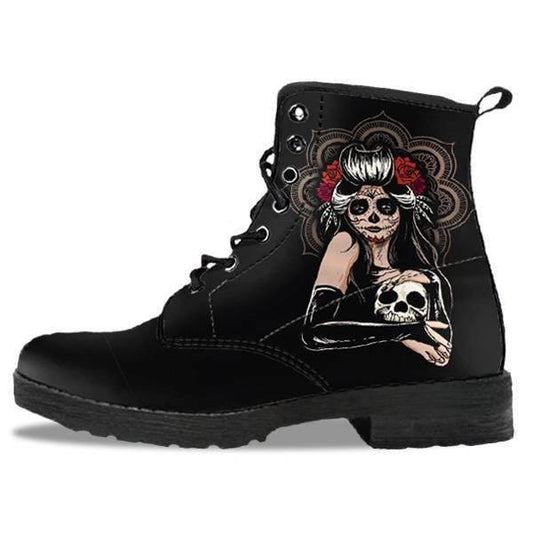 Women's Sugar Skull Girl Round Toe Boots, Calavera Girl Boots, Vegan-Friendly Leather, Black - American Legend Rider