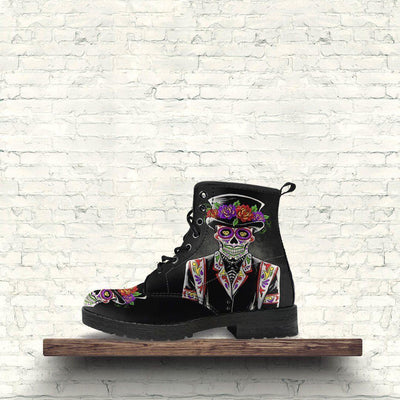 Sugar Skull Day of the Dead Lace-Up Boots, Vegan-Friendly Leather, Black w/ Double-Sided & Toe Print - American Legend Rider