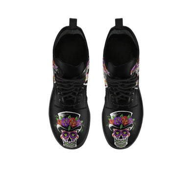 Sugar Skull Day of the Dead Lace-Up Boots, Vegan-Friendly Leather, Black w/ Double-Sided & Toe Print - American Legend Rider
