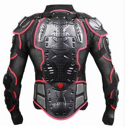 The back view of a Motorcycle Protective Armor Jacket with red and black accents, designed for biker safety gear. It is equipped with high-impact polyethylene EVA to provide enhanced protection.