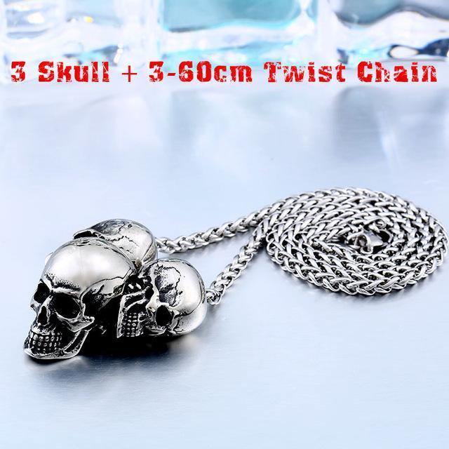 Stainless Steel Rock Punk 3 Skulls Pendant Necklace - American Legend Rider