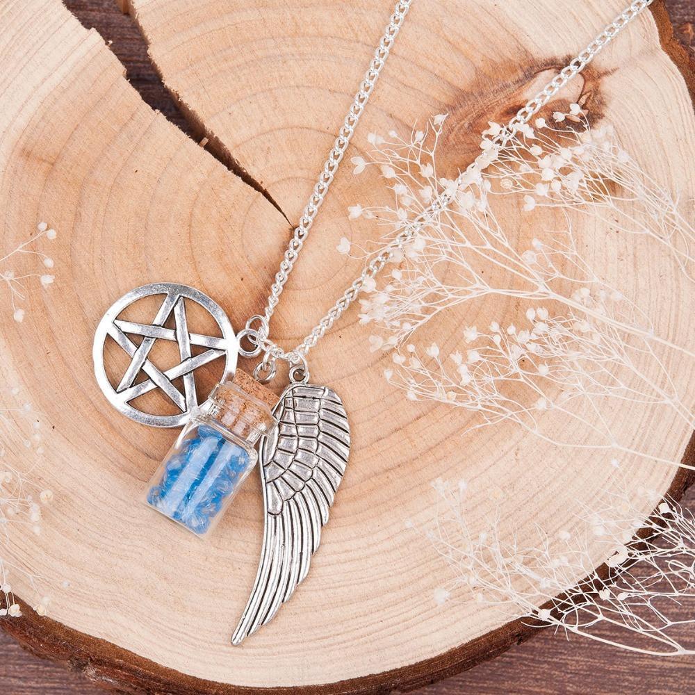 A Supernatural Pentacle Wings Necklace with a pentagram and angel wings.