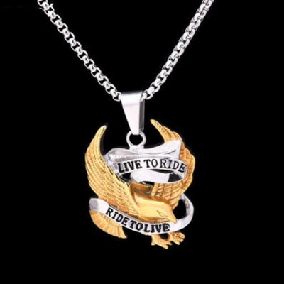 A Bikers Live To Ride, Ride To Live Necklace, Eagle Pendant w/ Stainless Steel 20 in Box Chain with an eagle and a ribbon on it.