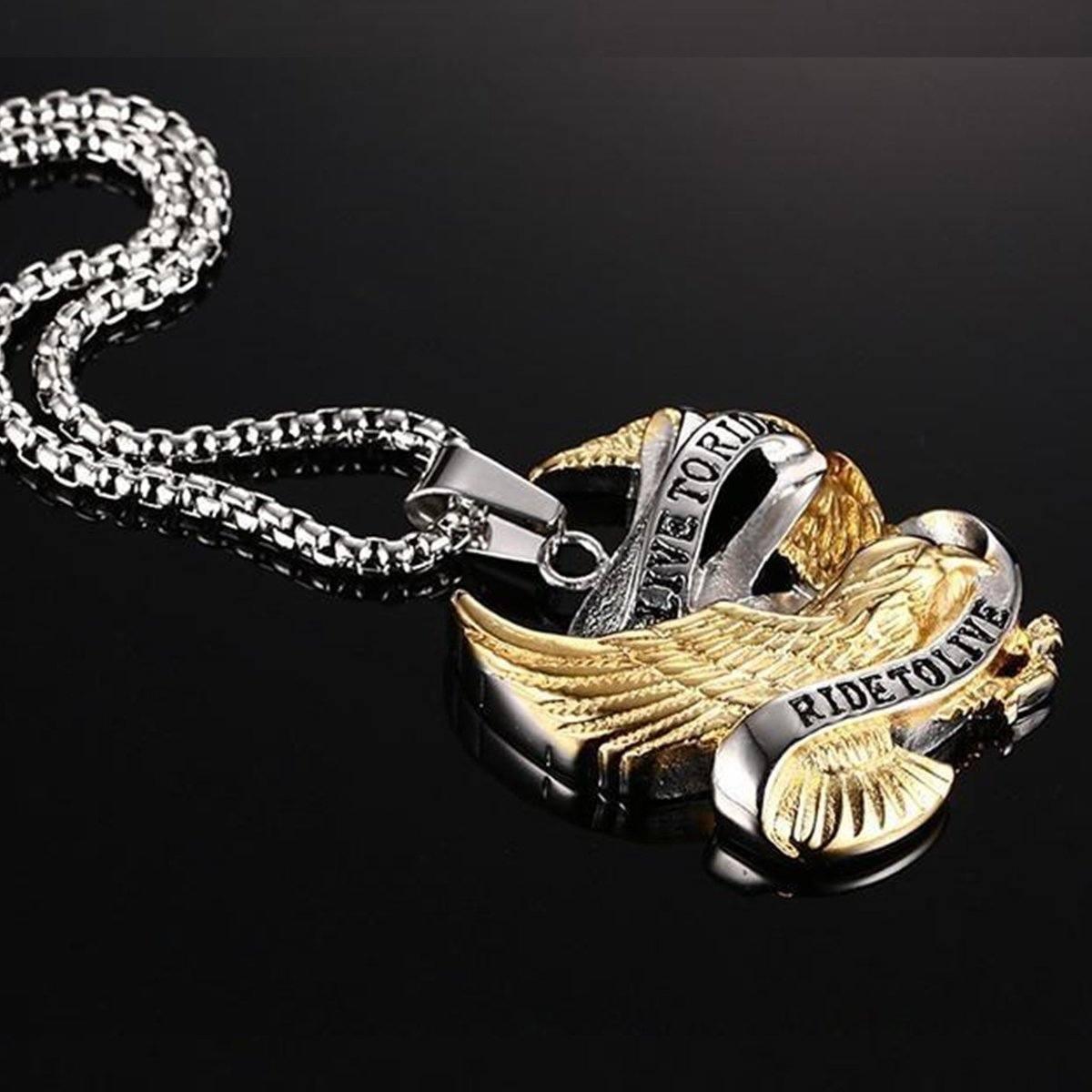 A Bikers Live To Ride, Ride To Live Necklace with an eagle pendant on it.