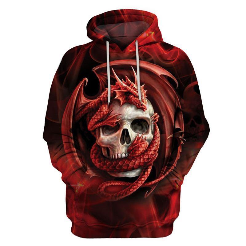 3D Dragon & Skull Hoodie, Polyester/Spandex, Red/Black - American Legend Rider