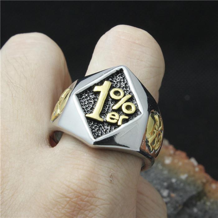 A person wearing a Titanium Steel 1% Er Skull Handmade Biker Ring