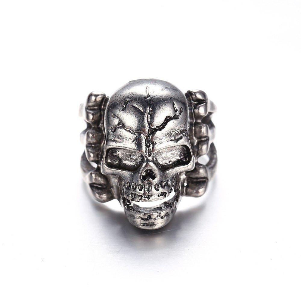 A Zinc Alloy Gothic Skull & Bones Biker Ring, Silver Tone on a white background.