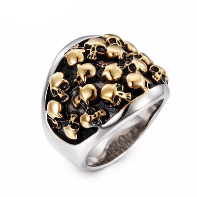 A Stainless Steel Bikers Skeleton Ring, featuring dual skulls, made of stainless steel.