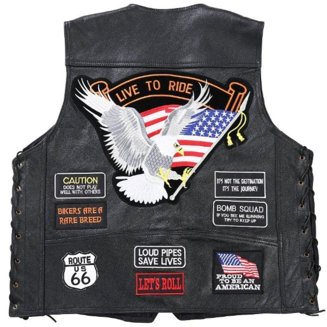 Badass Leather Bikers Side Lace Vest w/14 Patches - American Legend Rider