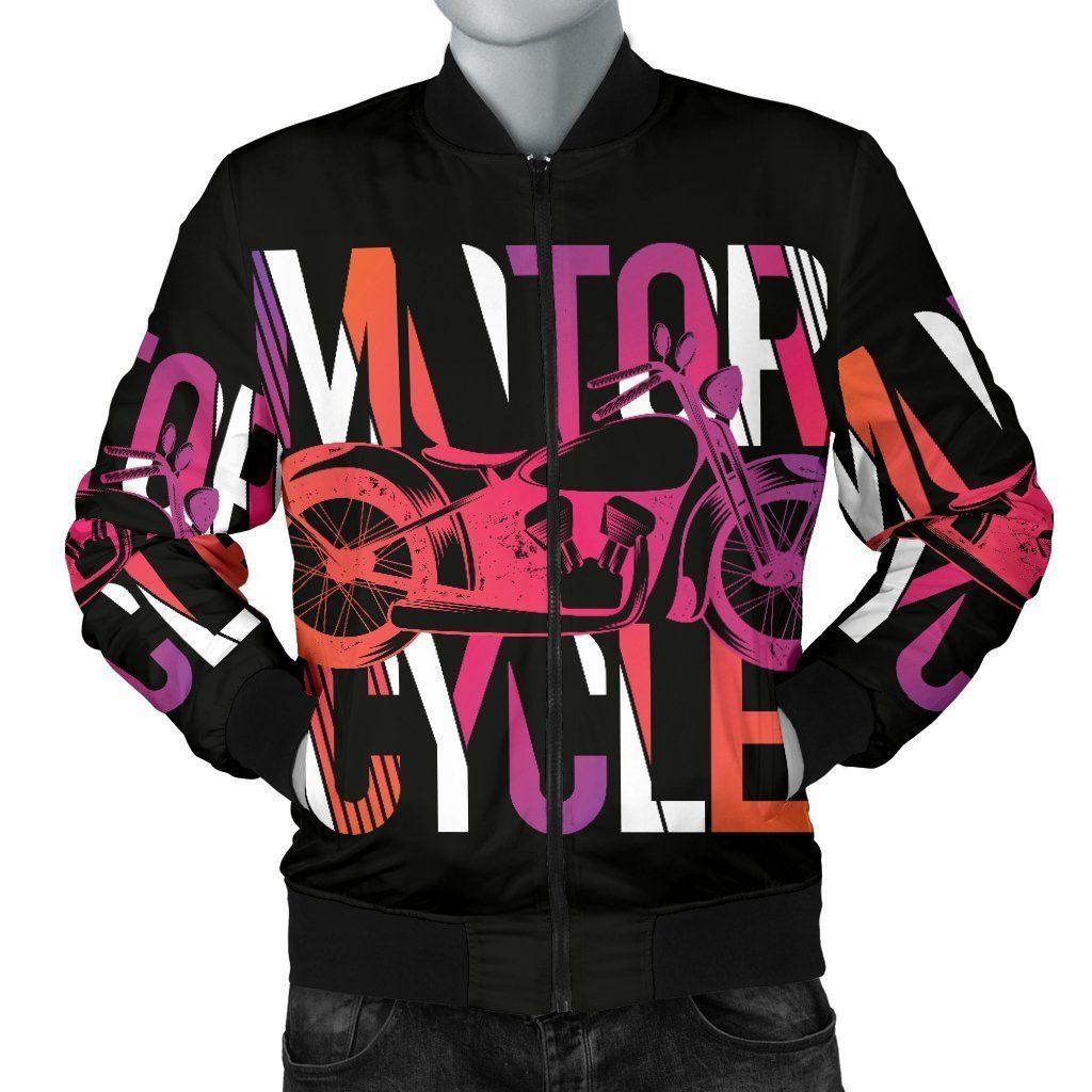 Men's Motorcycle Obsession Bomber Jacket, Polyester, S-4XL, Black with Colorful Letter & Motorcycle print - American Legend Rider