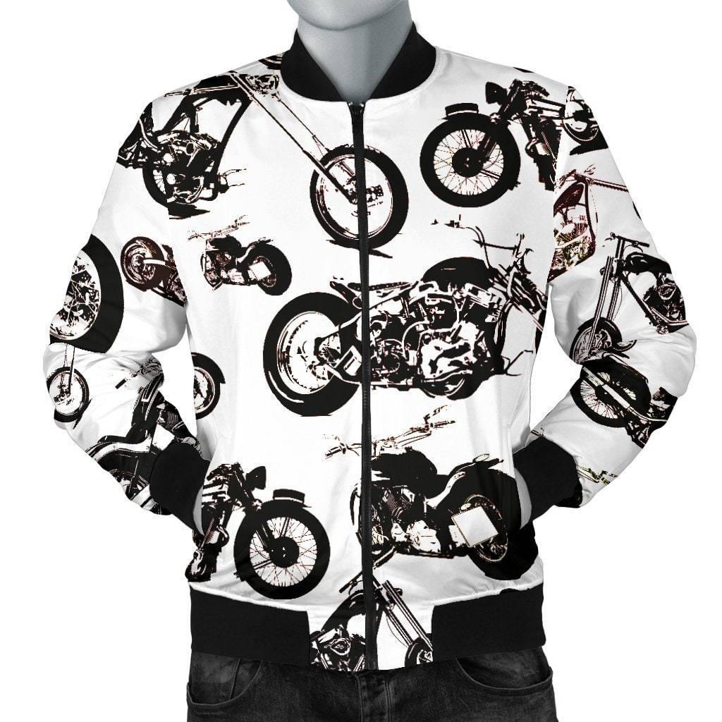 Men's Vector Bomber Motorcycle Jacket, Polyester, S-4XL, White with Black Motorcycle Print - American Legend Rider