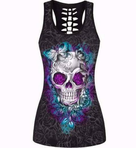 Women's Skull Tank Top, Polyester/Spandex, Black with Human Skull Print - American Legend Rider