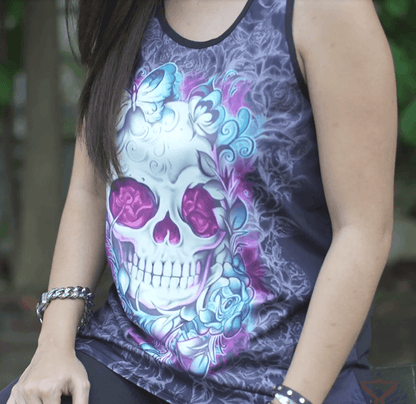 Women's Skull Tank Top, Polyester/Spandex, Black with Human Skull Print - American Legend Rider