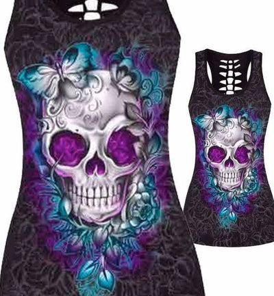 Women's Skull Tank Top, Polyester/Spandex, Black with Human Skull Print - American Legend Rider