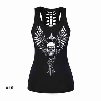 Women's Skull Tank Top, Polyester/Spandex, Black with Human Skull Print - American Legend Rider