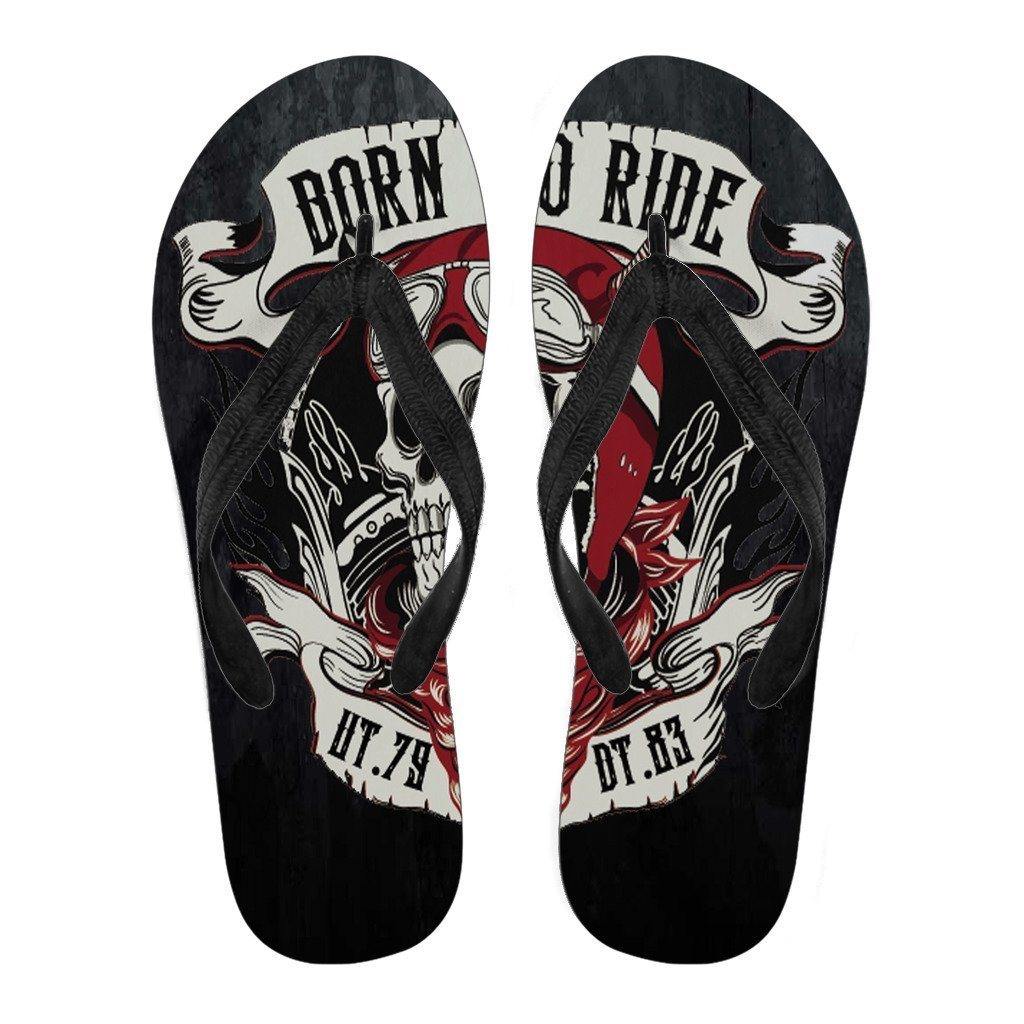 "Born To Ride" Flip Flops, EVA Sole, Black w/ Skull Print, White or Black Strap - American Legend Rider