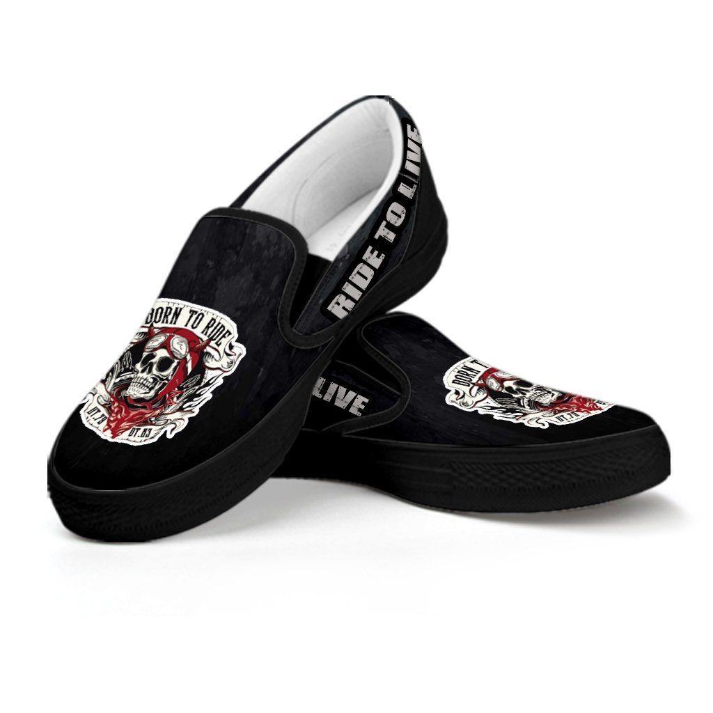 Skull Born to Ride, Ride to Live Slip-On Shoes for Him & Her, Canvas, Black - American Legend Rider
