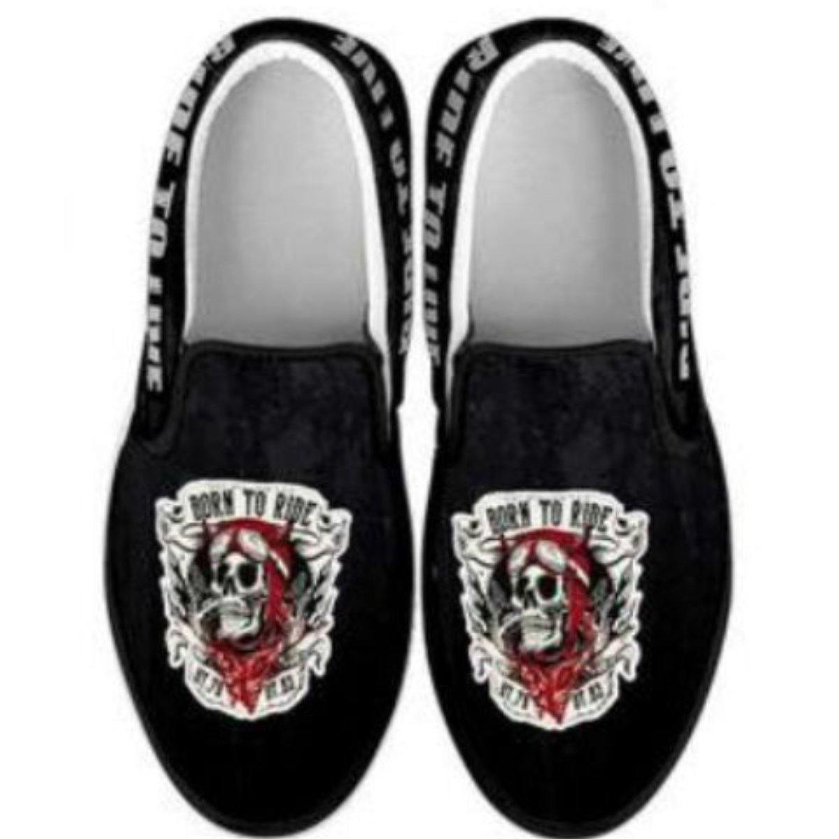 Skull Born to Ride, Ride to Live Slip-On Shoes for Him & Her, Canvas, Black - American Legend Rider