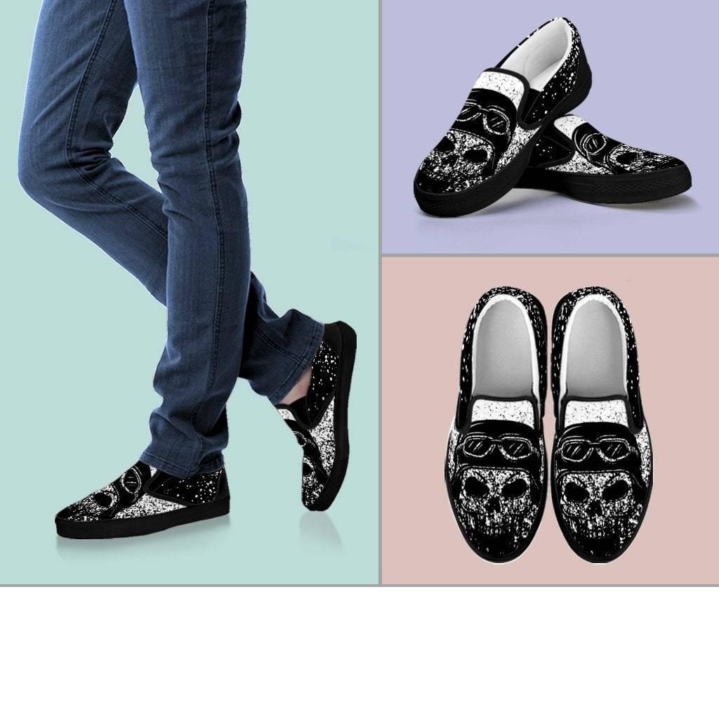 Skull Slip-On Shoes for Him & Her, Black/White - American Legend Rider
