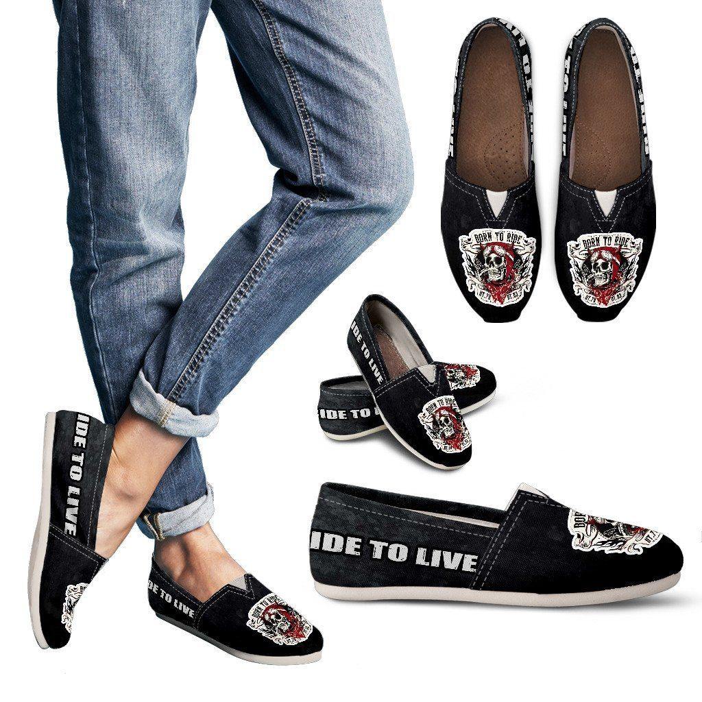 Woman's Born to Ride Casual Slip-On Shoes, Canvas, US 6-12, Black/White - American Legend Rider