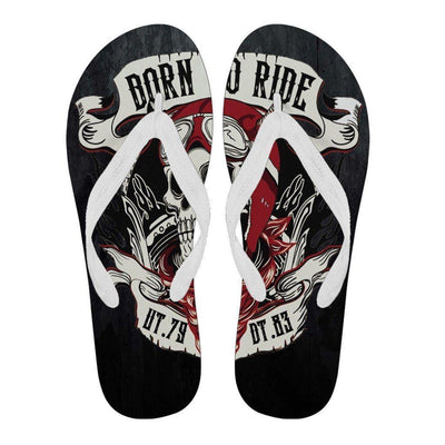"Born To Ride" Flip Flops, EVA Sole, Black w/ Skull Print, White or Black Strap - American Legend Rider