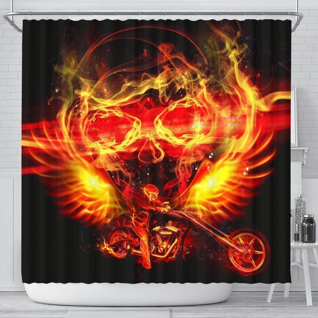 Motorcycle Shower Curtain Firey Skull & Rider on Black Background Print, 70x68 In - American Legend Rider