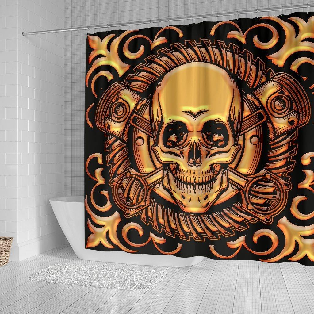 Tribal Skull Shower Curtain, Polyester, 70W x 68L in, Black w/ Golden Skull Print - American Legend Rider