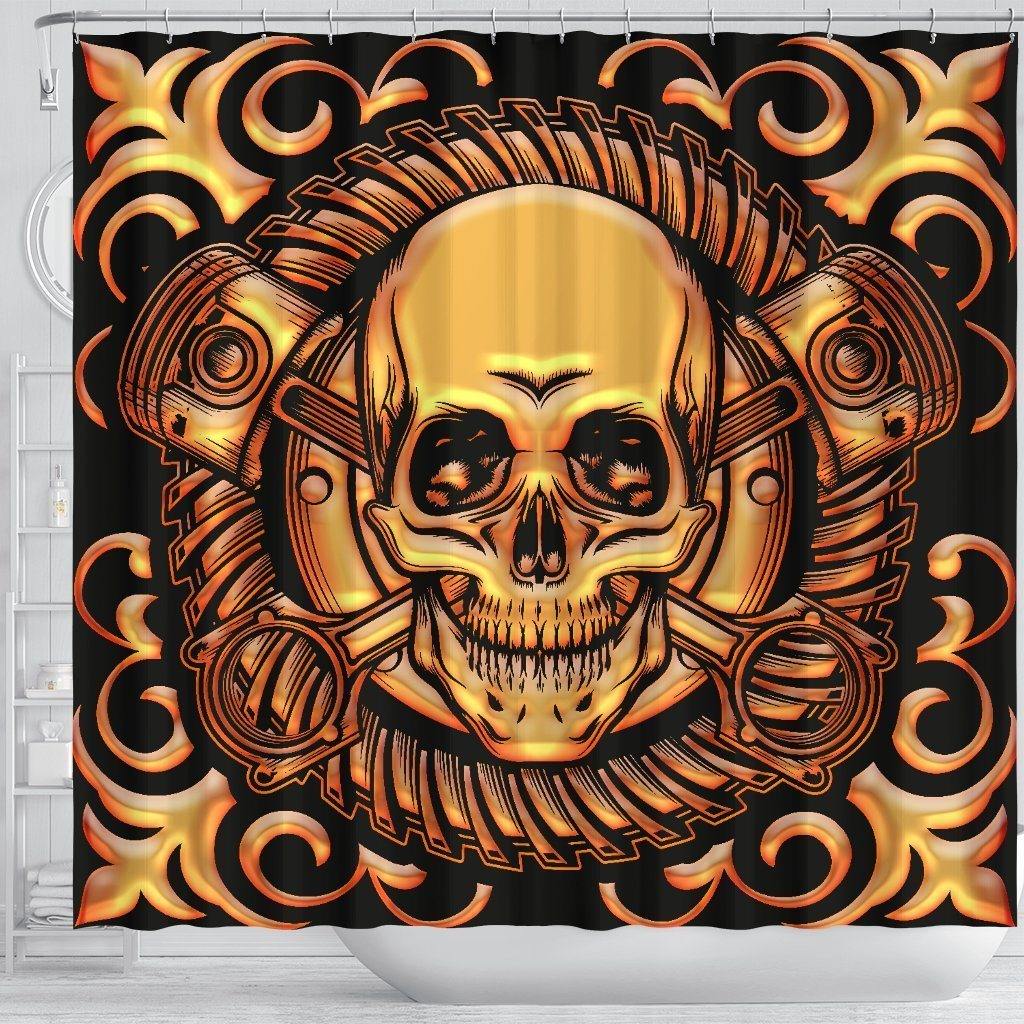 Tribal Skull Shower Curtain, Polyester, 70W x 68L in, Black w/ Golden Skull Print - American Legend Rider