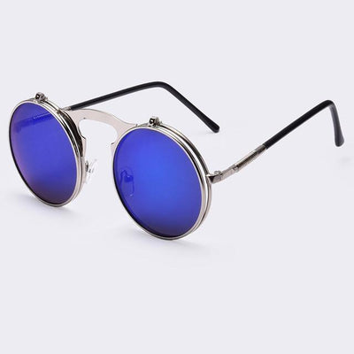 A pair of Vintage Motorcycle Glasses with blue mirrored lenses.