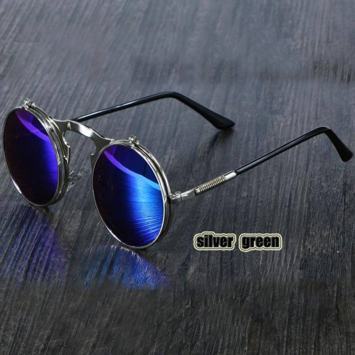 A pair of Steampunk Flip-Up Round Double Lens Sunglasses with blue mirrored lenses.