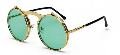A pair of Steampunk Flip-Up Round Double Lens Sunglasses with green lenses.