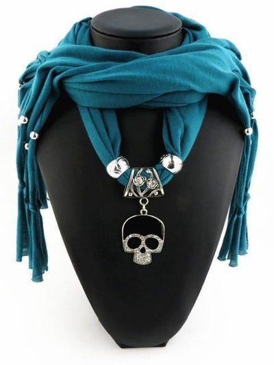 A Fashion Skull Pendant Scarf with tassel on it.