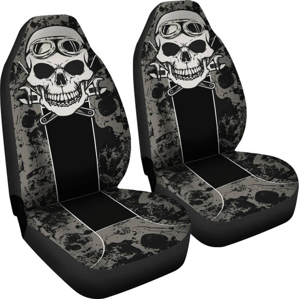 Skull Mechanic Car Seat Covers, Universal Fit, Polyester, Black w/White & Gray Print, Set of 2 - American Legend Rider