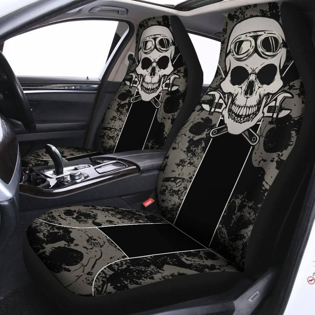 Skull Mechanic Car Seat Covers Universal Fit Polyester Black w White Gray Print Set of 2